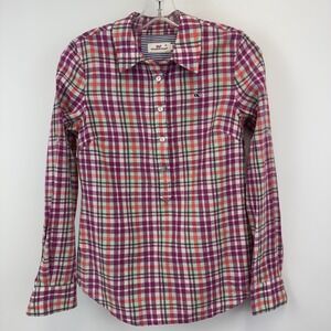 Vineyard Vines Womens 00 Plaid Linen Cotton Button Down Shirt Purple Orange